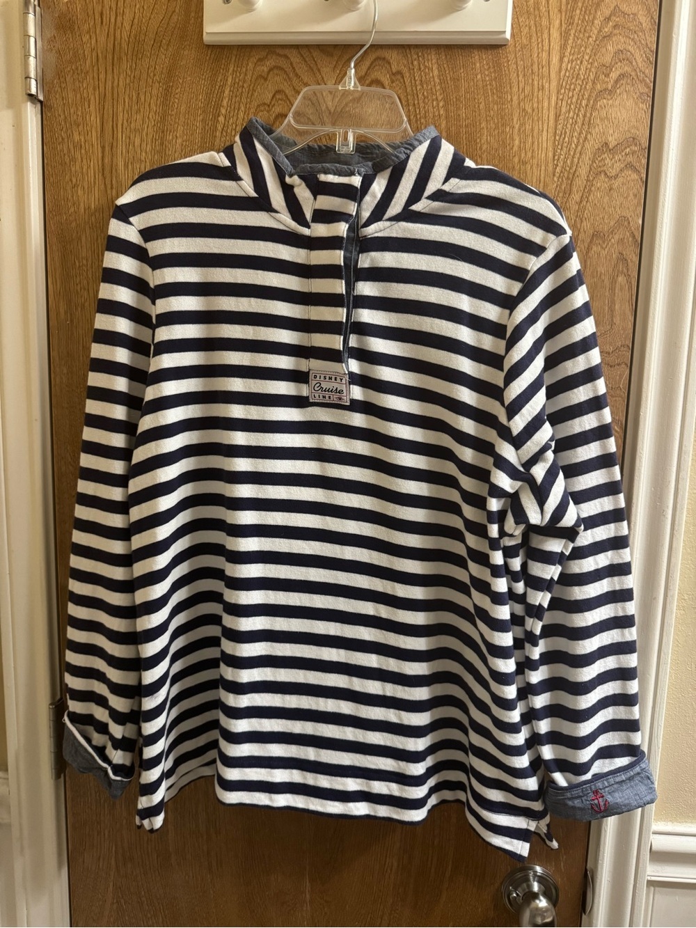 Disney Cruise Lines Striped Navy White 1/4 Button Sweater Flip Cuffs Anchor 1X